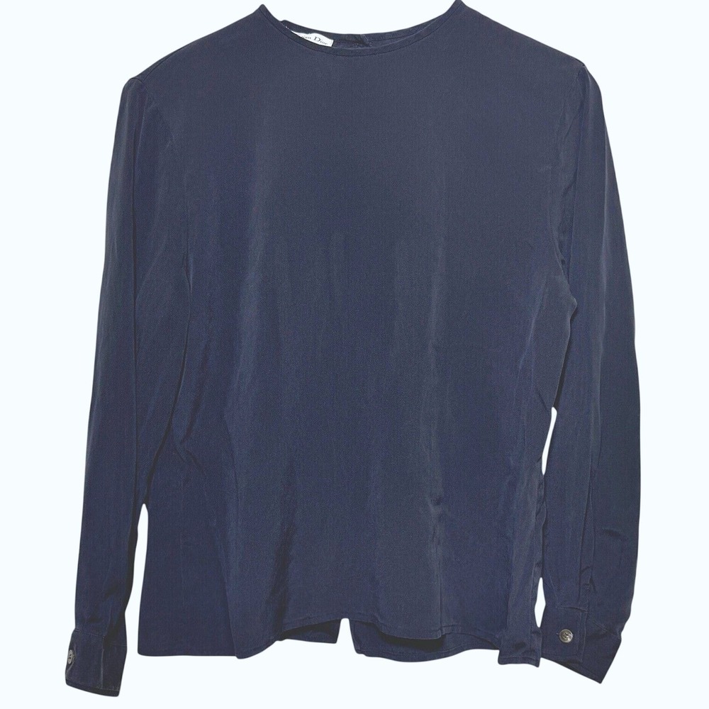 Christian Dior Vintage Silk Blouse Navy Blue Button Back Long Sleeve Top Size 10 - Picture 3 of 8